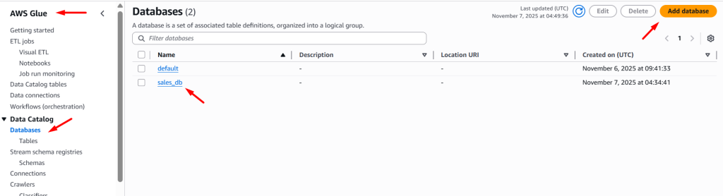 create databases in glue